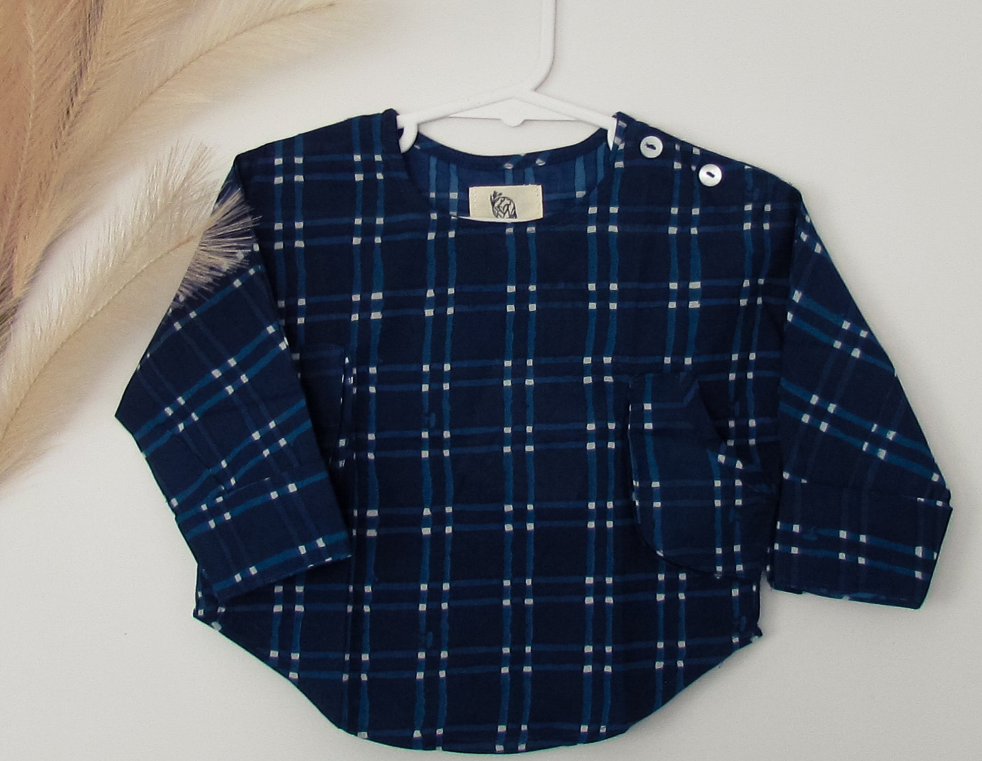 Blue check top, unisex, kids, cotton, checkmate,pockets, checkered,genderfree,summer clothing