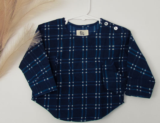 Blue check top, unisex, kids, cotton, checkmate,pockets, checkered,genderfree,summer clothing